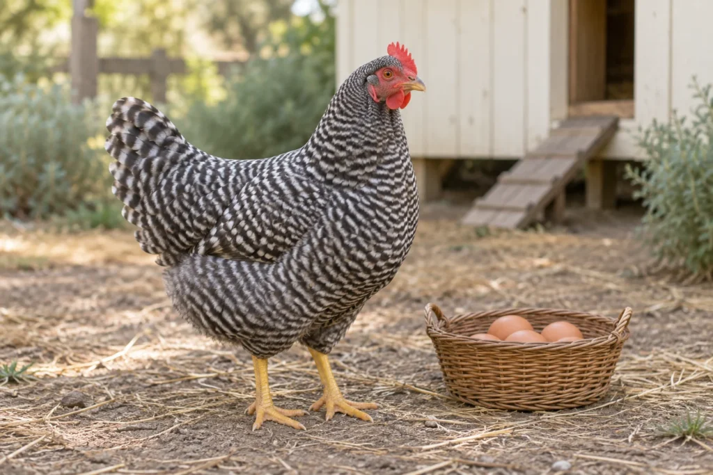 Une poule au plumage rayé se tient près d’un panier en osier contenant des œufs bruns, devant un poulailler en bois.