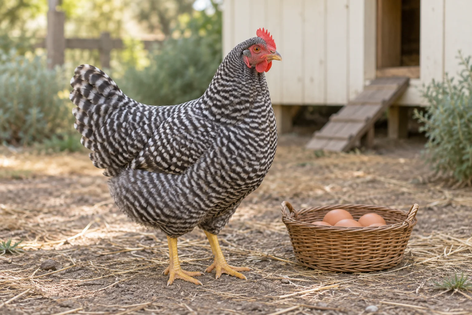 Une poule au plumage rayé se tient près d’un panier en osier contenant des œufs bruns, devant un poulailler en bois.