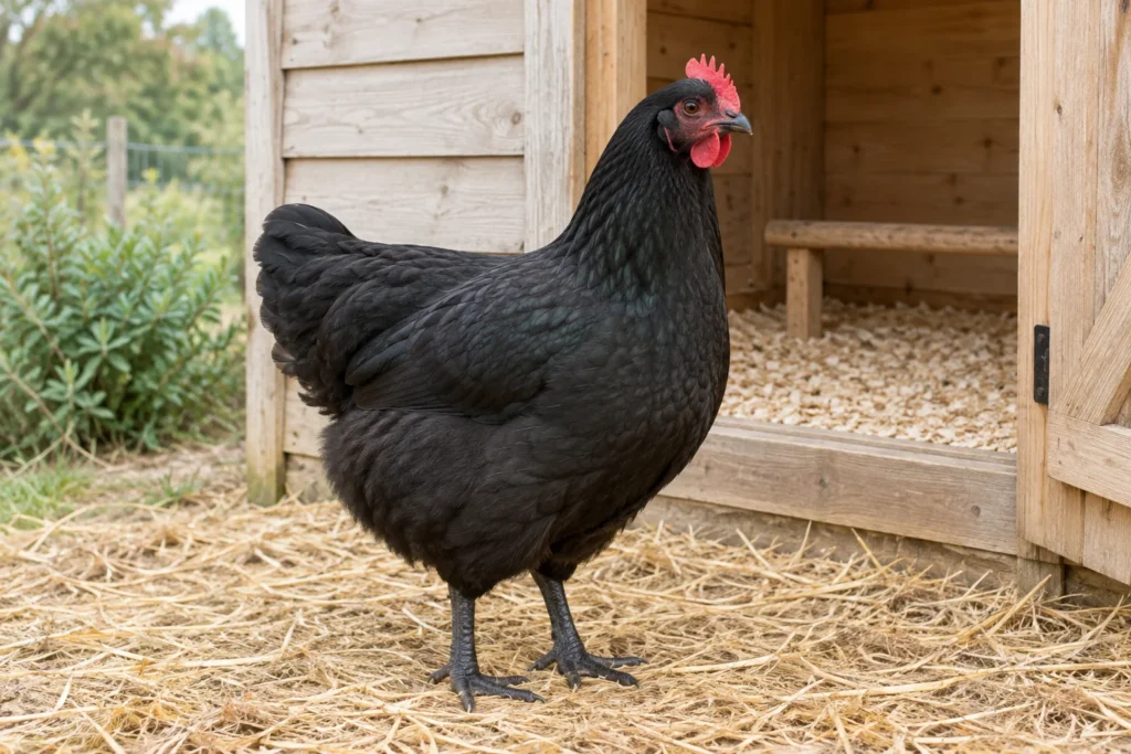 Une grande poule noire à crête rouge se tient sur de la paille devant un poulailler en bois ouvert, équipé d’un perchoir.