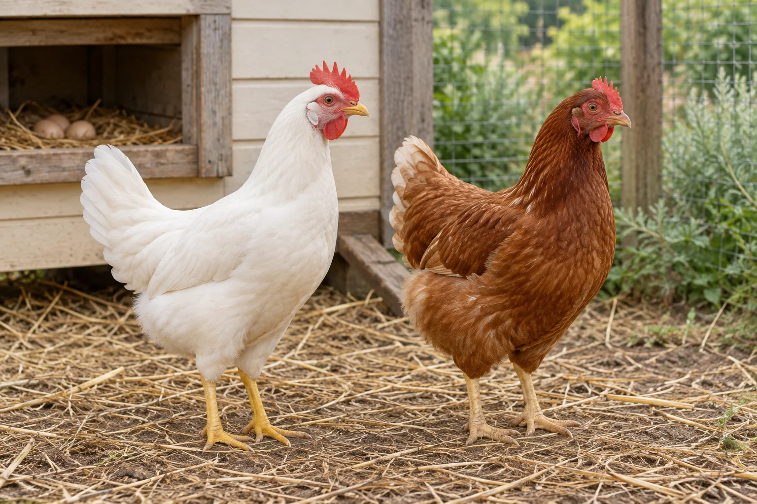Une poule blanche et une poule brune se tiennent sur de la paille près d’un poulailler en bois ; deux œufs se trouvent dans un nid.