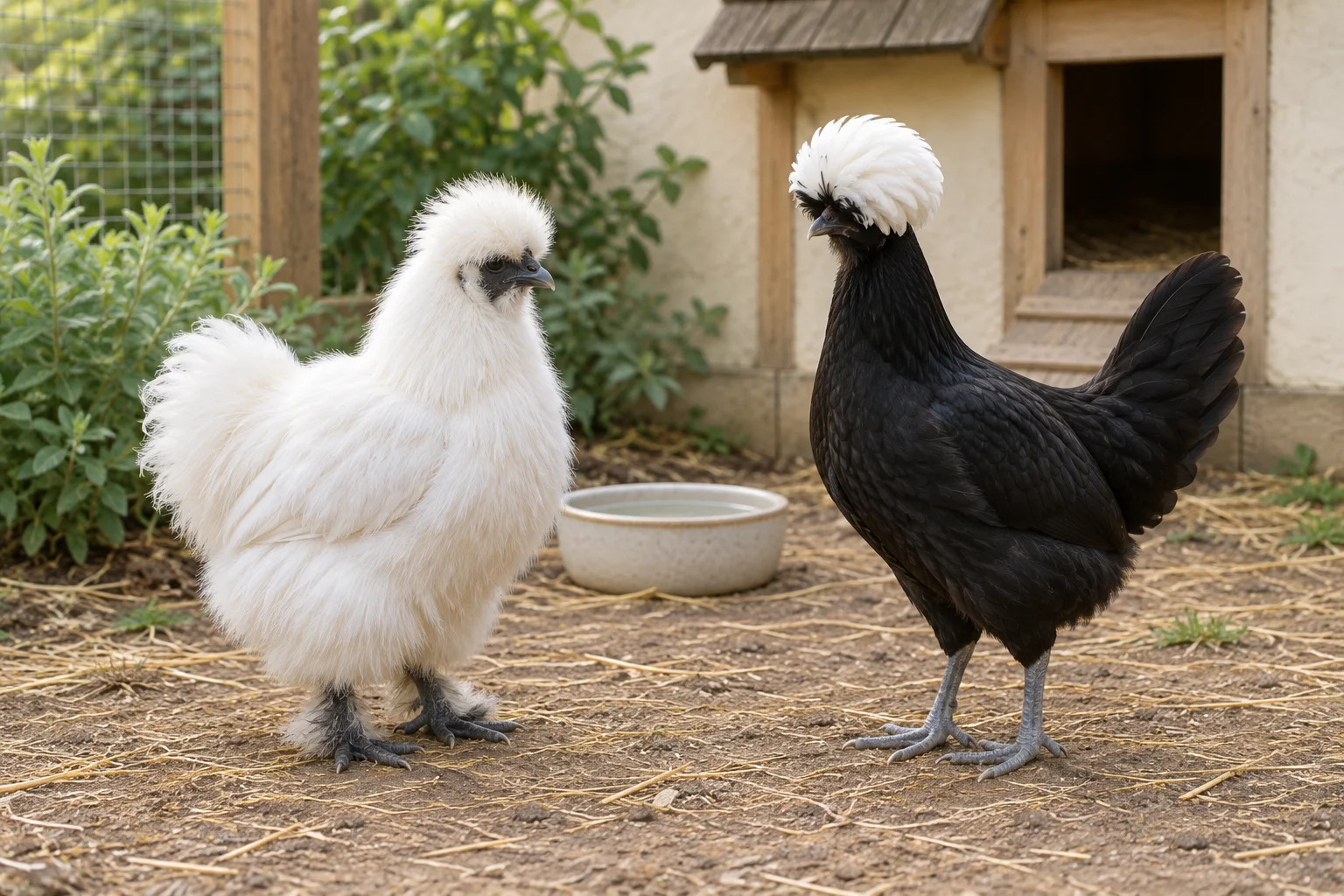 Une poule blanche au plumage duveteux et une poule noire à huppe blanche se tiennent près d’une coupelle d’eau devant un poulailler.