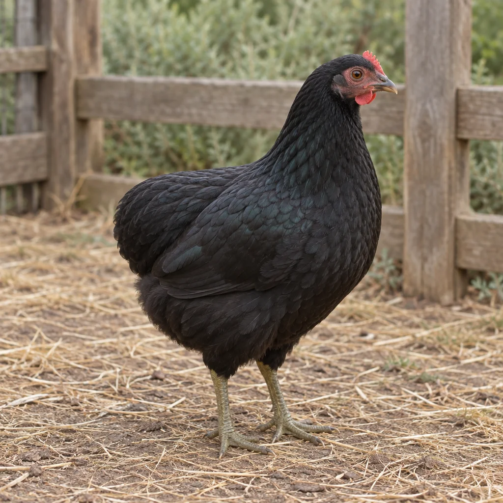 Illustration d’une poule noire sans queue visible près d’une clôture en bois.