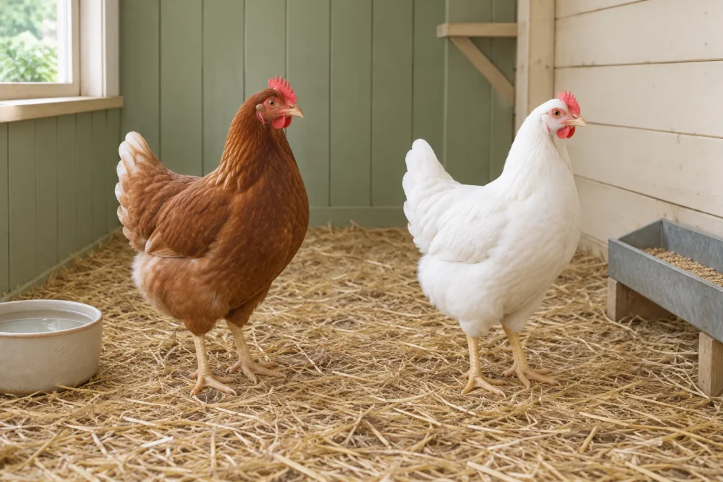 Une poule brune et une poule blanche se tiennent sur de la paille dans un poulailler, près d’un abreuvoir et d’une mangeoire.