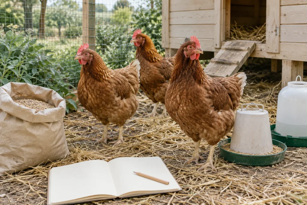Trois poules brunes près d’un poulailler en bois, avec un cahier ouvert aux pages vierges, un sac d’aliments, une mangeoire et un abreuvoir.