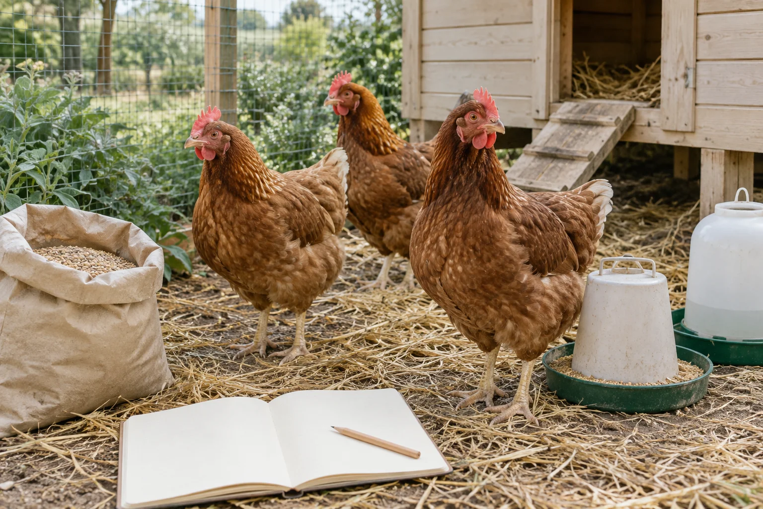Trois poules brunes près d’un poulailler en bois, avec un cahier ouvert aux pages vierges, un sac d’aliments, une mangeoire et un abreuvoir.