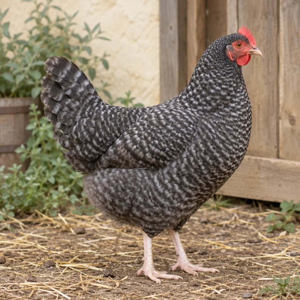 Illustration d’une poule au plumage gris coucou, avec une crête rouge et des pattes roses, près d’un poulailler.