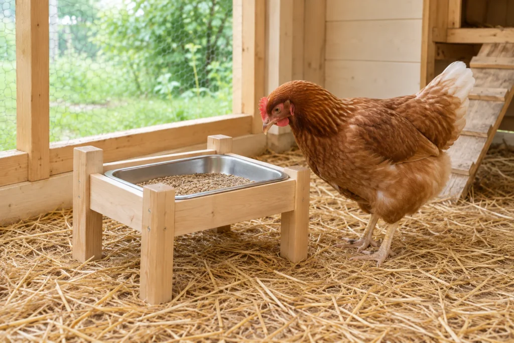 Poule brune à côté d’une mangeoire en bois contenant un bac métallique rempli de nourriture, sur de la paille dans un poulailler.