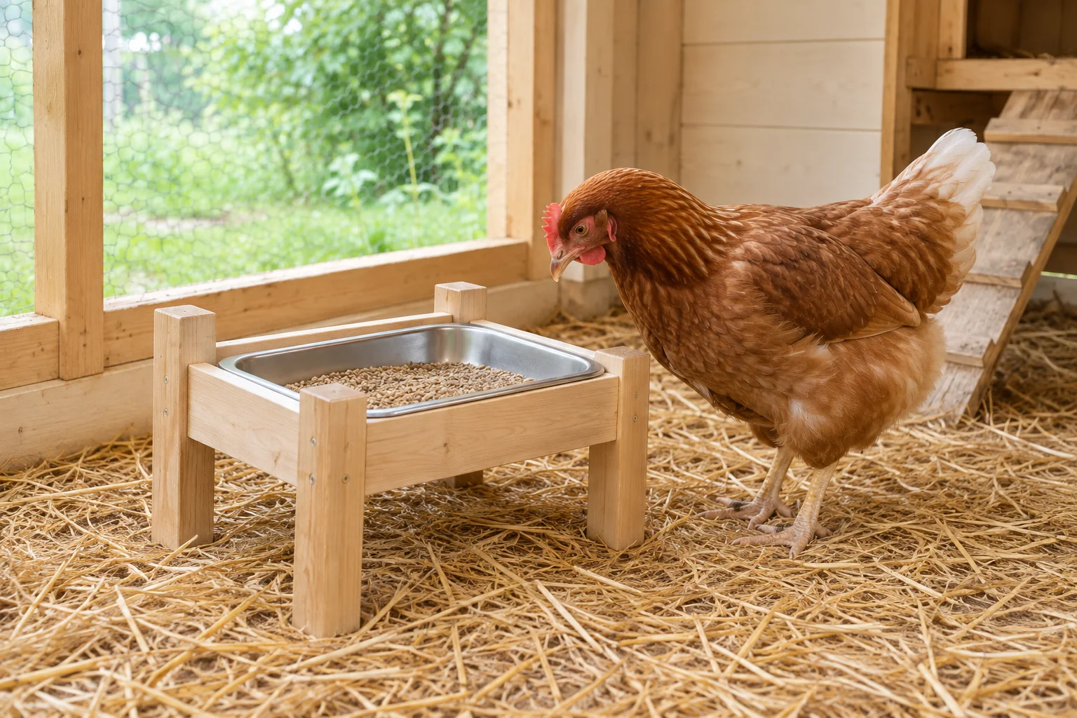 Poule brune à côté d’une mangeoire en bois contenant un bac métallique rempli de nourriture, sur de la paille dans un poulailler.