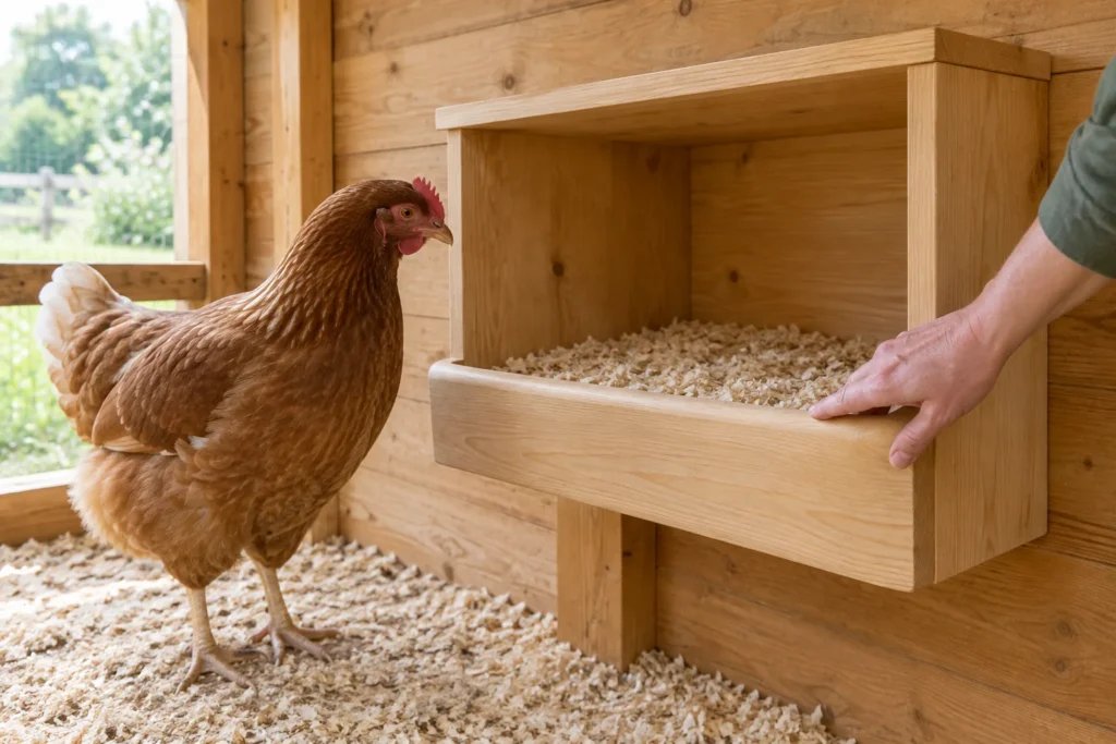 Poule brune à côté d’un pondoir en bois garni de copeaux ; une main touche le rebord avant.