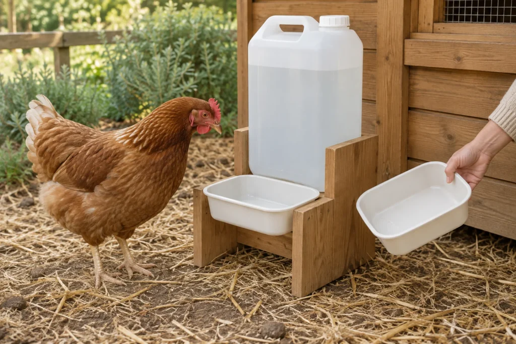 Poule brune à côté d’un jerrican blanc et de deux bacs en plastique près d’un poulailler.