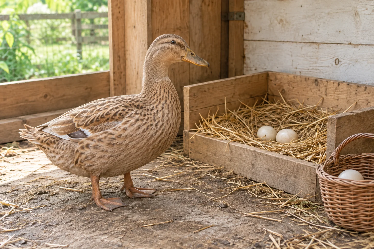 Cane brune à côté d’un nid bas en bois garni de paille et contenant deux œufs ; un autre œuf se trouve dans un panier en osier.