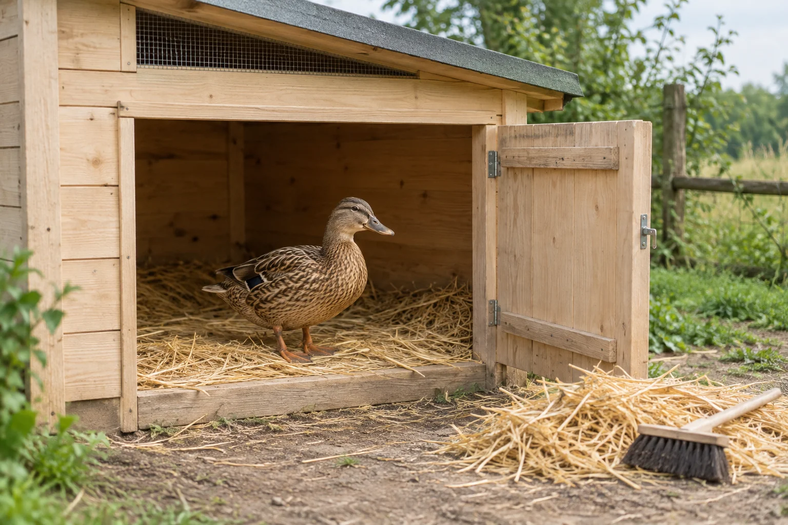 Canard brun tacheté dans un abri en bois avec de la paille, une porte ouverte et un balai près de l’entrée.