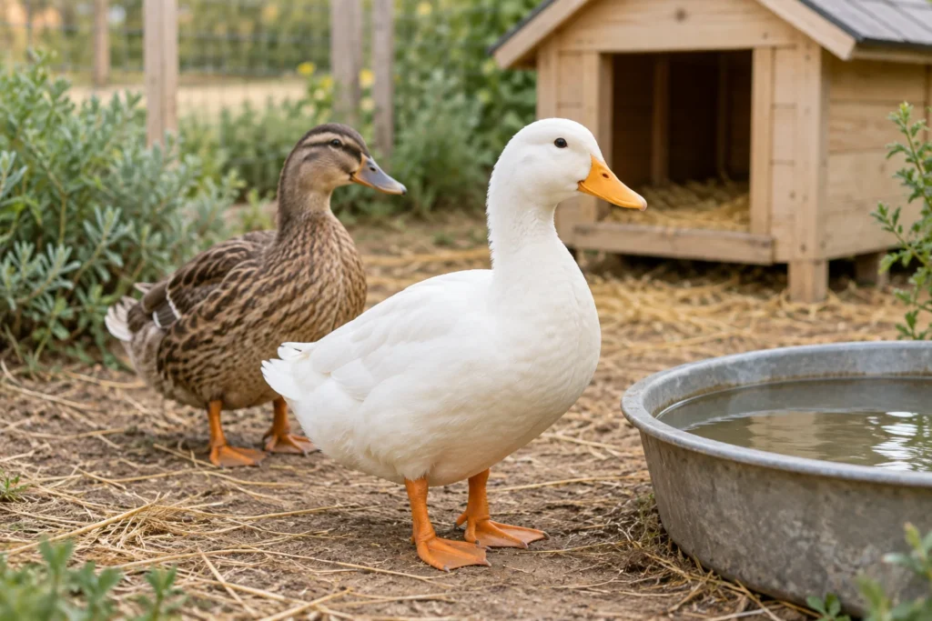 Un canard blanc et un canard brun se tiennent près d’un bac à eau rond et d’un abri en bois dans un espace extérieur.