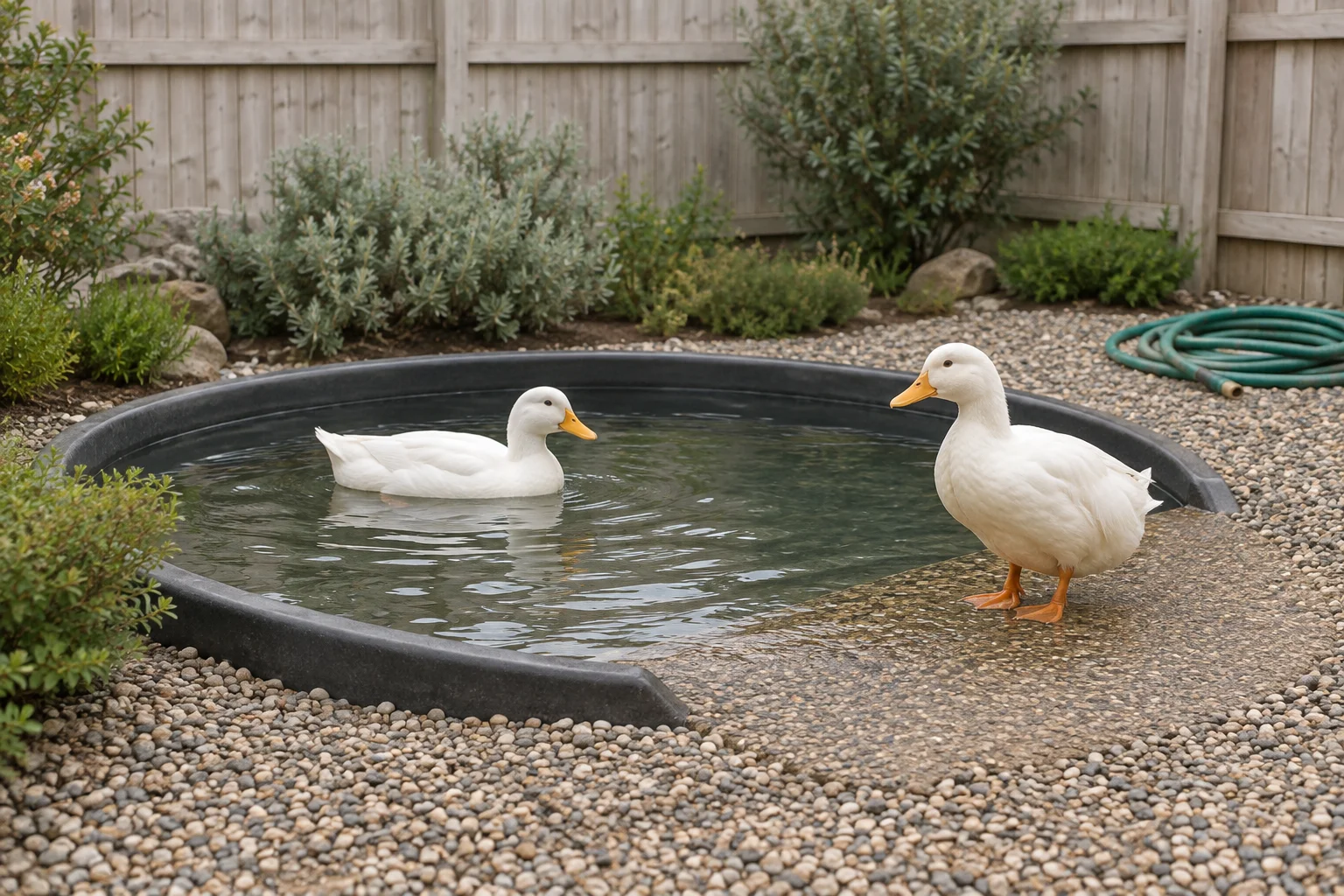 Deux canards domestiques blancs près d’un bac bas servant de bassin, dans un enclos. L’un nage et l’autre se tient sur le large accès au bord de l’eau.