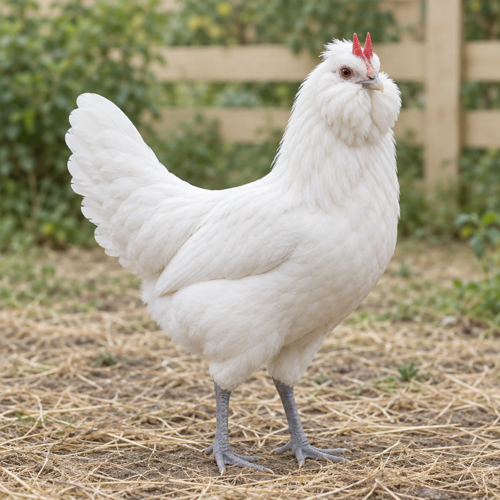 Poule blanche à la barbe de plumes fournie, avec deux pointes de crête rouges et des pattes bleu ardoise, dans une cour couverte de paille.