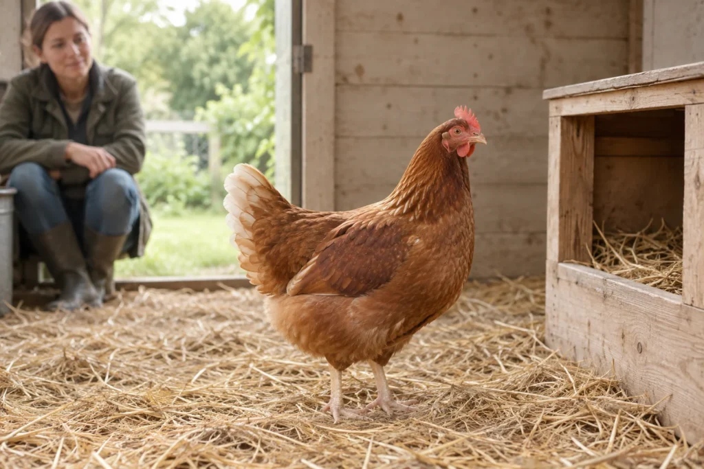 Une poule brune se tient sur la paille à côté d’un pondoir en bois, tandis que son propriétaire l’observe depuis l’entrée.
