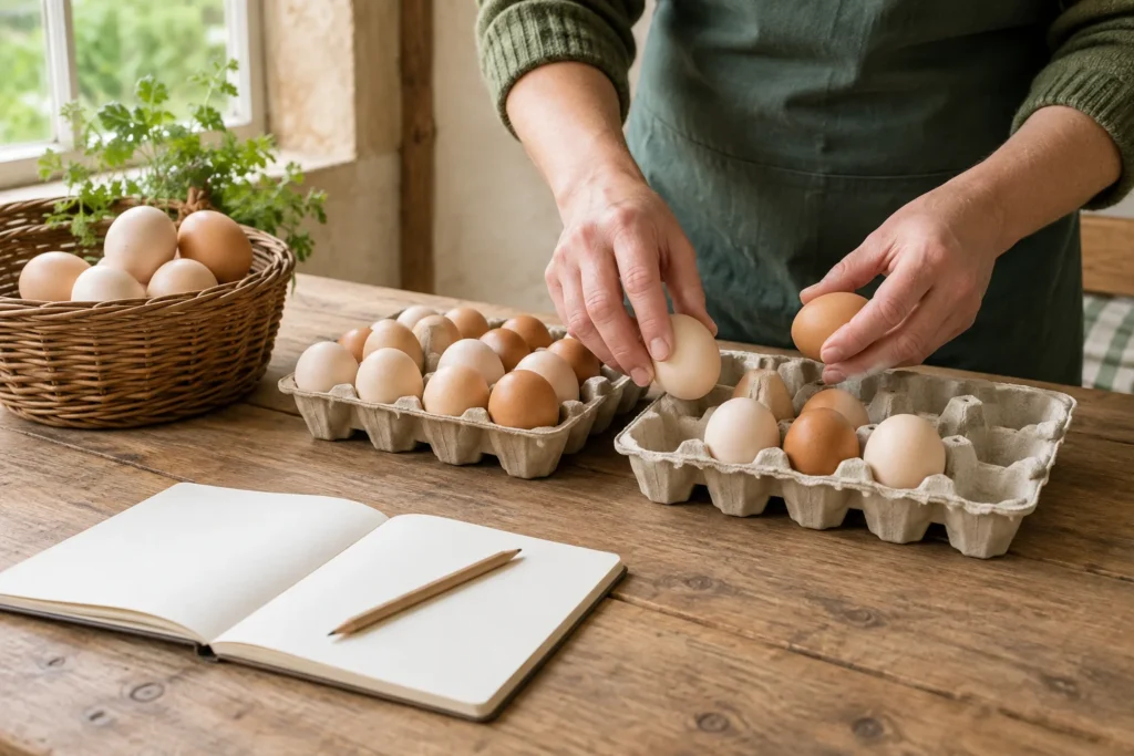 Des mains placent des œufs dans des plateaux à œufs en carton sur une table en bois, à côté d’un panier d’œufs et d’un carnet vierge avec un crayon.