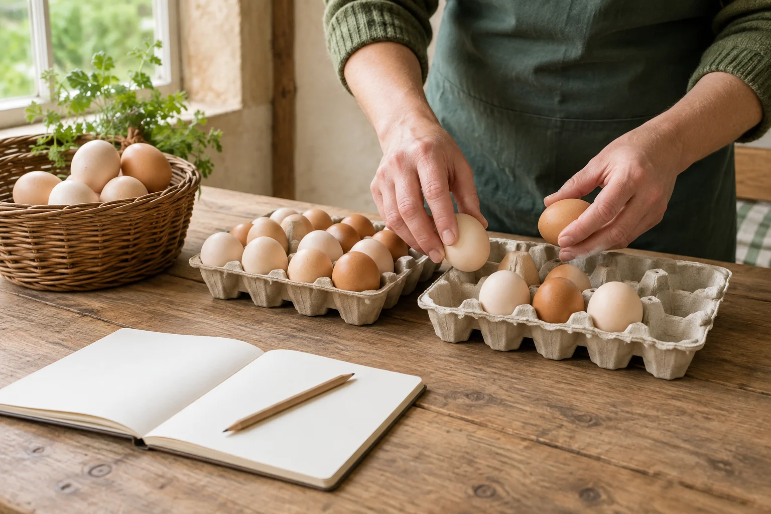 Des mains placent des œufs dans des plateaux à œufs en carton sur une table en bois, à côté d’un panier d’œufs et d’un carnet vierge avec un crayon.