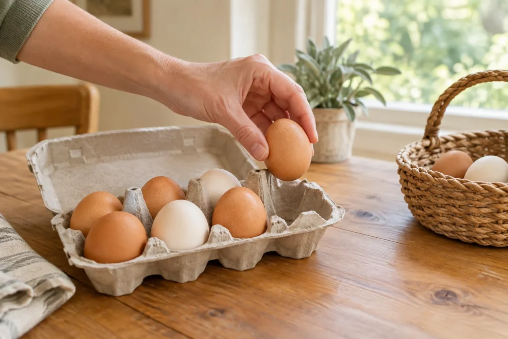 Une main dépose un œuf brun dans une boîte à œufs ouverte sur une table en bois. À côté de la boîte se trouve un panier contenant des œufs.