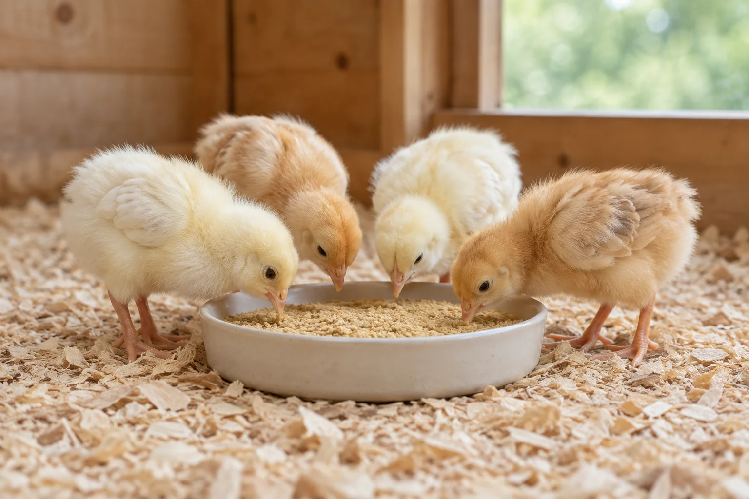 Quatre jeunes poussins de poule mangent dans une coupelle basse remplie d’aliment, sur des copeaux de bois, dans un espace en bois.