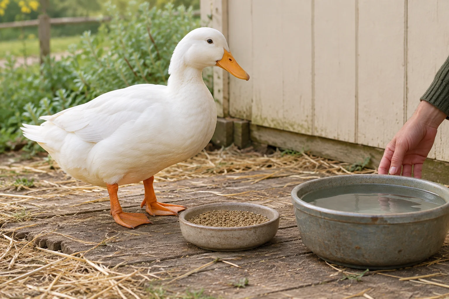 Canard blanc à côté d’un récipient contenant des granulés et d’un bac d’eau ; une main repose près du bac d’eau.