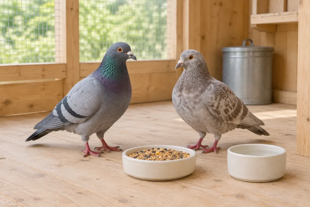 Deux pigeons près d’un récipient contenant un mélange d’aliments et d’un abreuvoir dans un pigeonnier en bois.