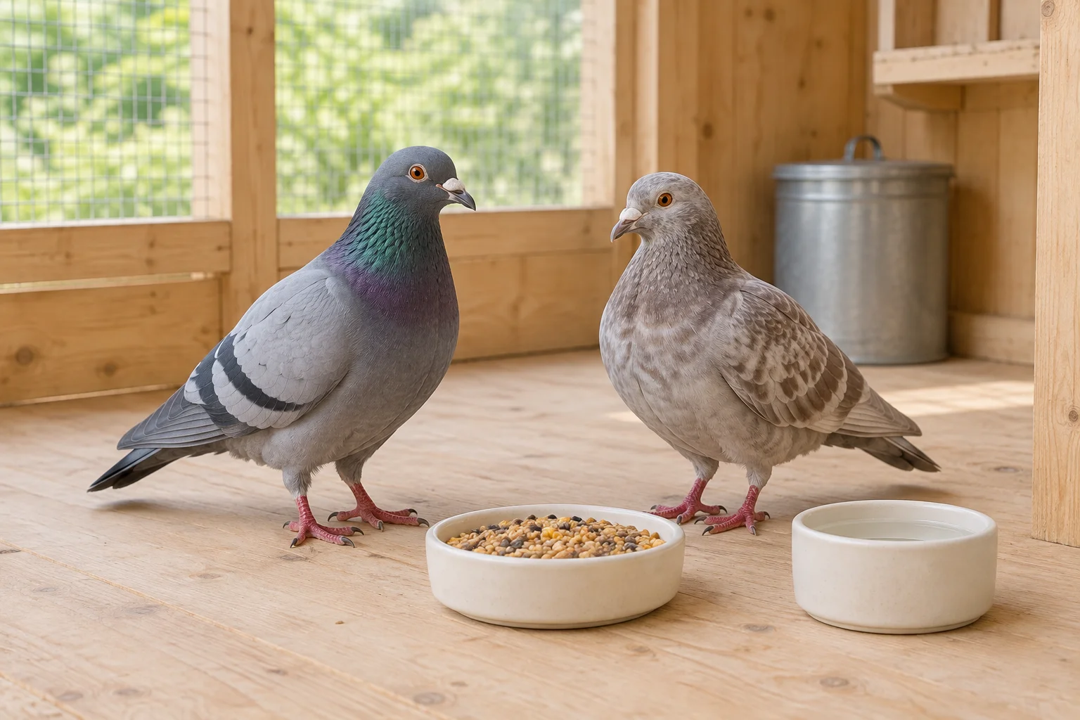 Deux pigeons près d’un récipient contenant un mélange d’aliments et d’un abreuvoir dans un pigeonnier en bois.