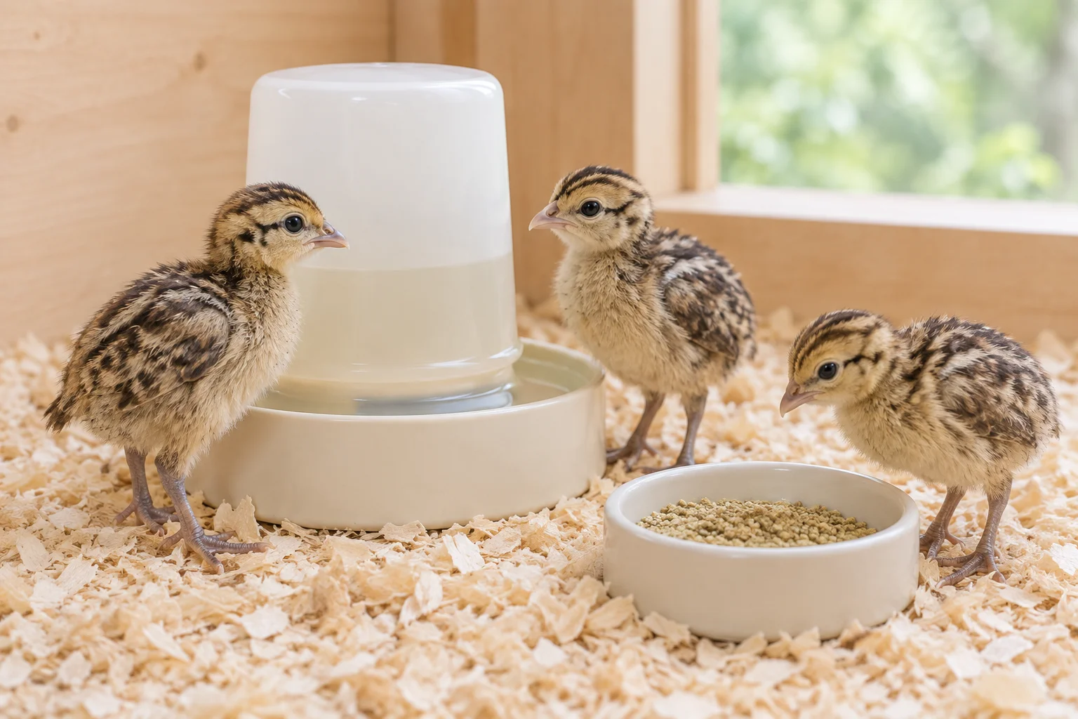 Trois poussins de faisan sur des copeaux de bois, à côté d’une petite mangeoire et d’un abreuvoir.