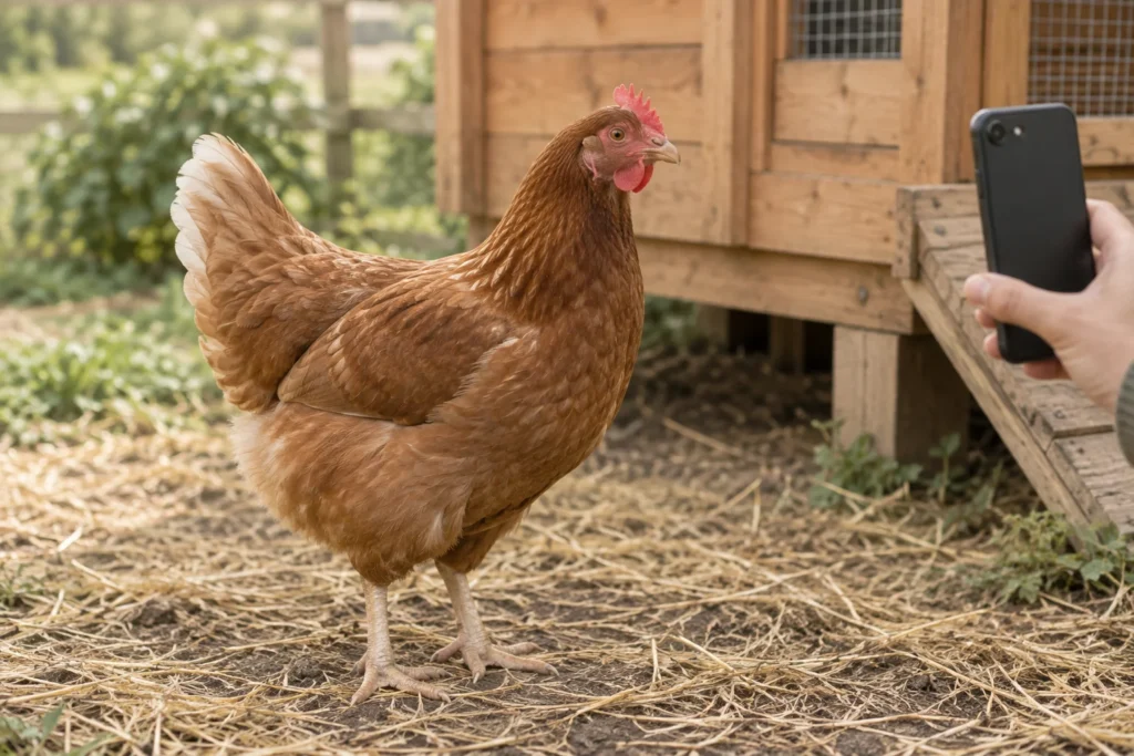 Poule brune près d’un poulailler en bois, avec, au bord de l’image, une main qui pointe un téléphone vers elle.