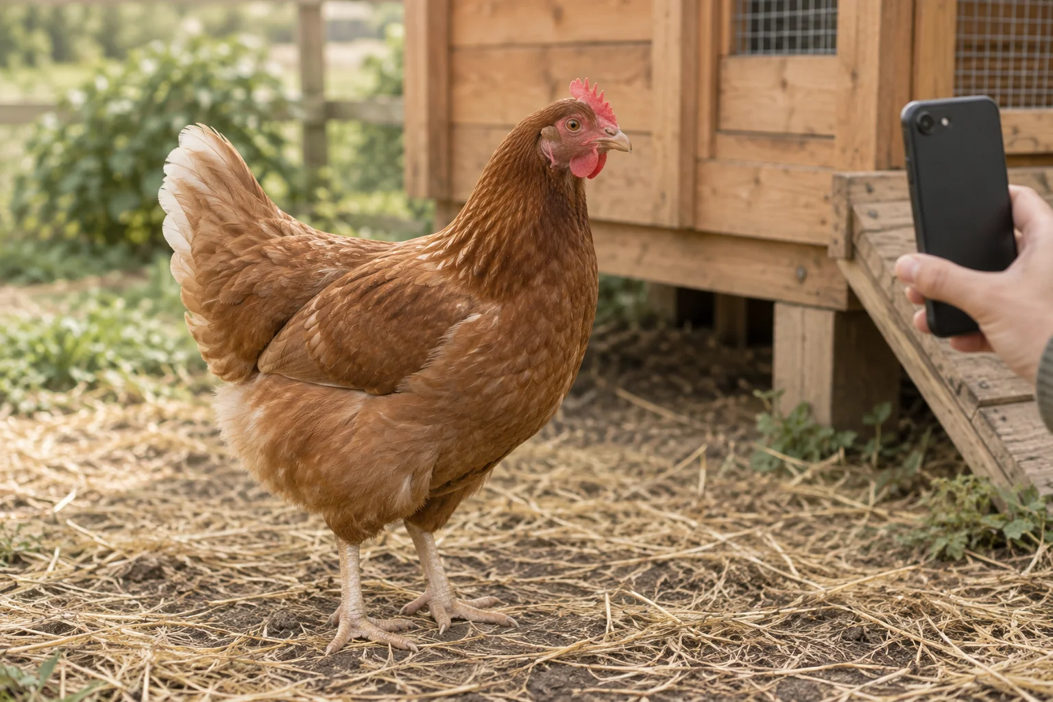 Poule brune près d’un poulailler en bois, avec, au bord de l’image, une main qui pointe un téléphone vers elle.