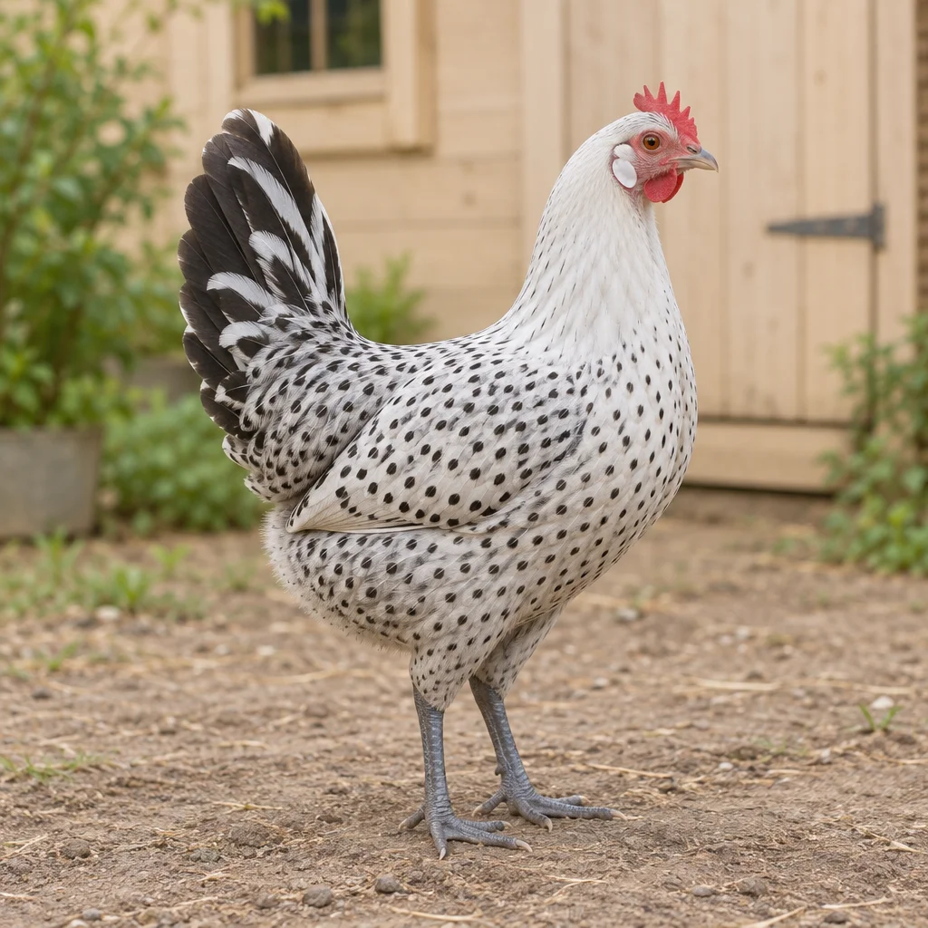 Illustration d’un Fries hoen au plumage blanc avec un dessin pailleté noir et une queue portée haute.