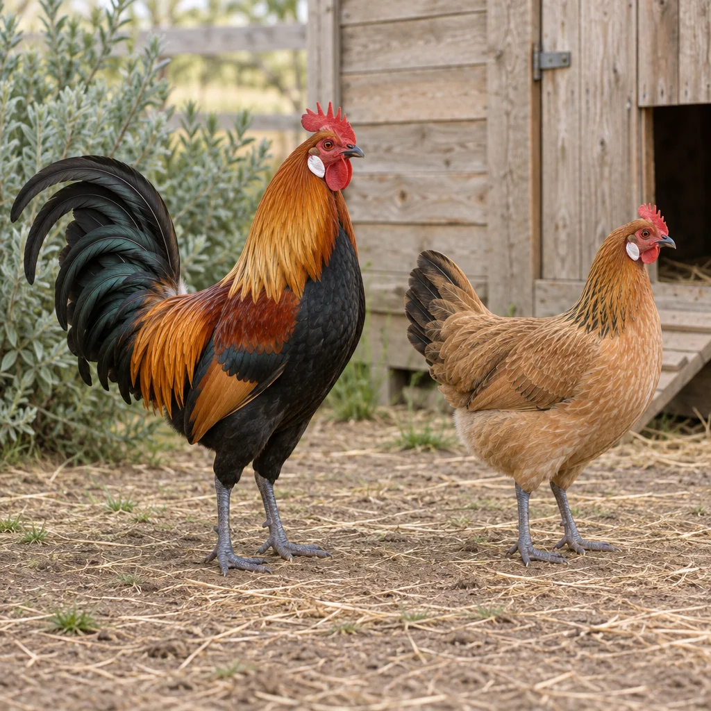 Illustration d’un coq coloré et d’une poule brun clair aux oreillons blancs et aux pattes gris bleuté près d’un poulailler en bois.