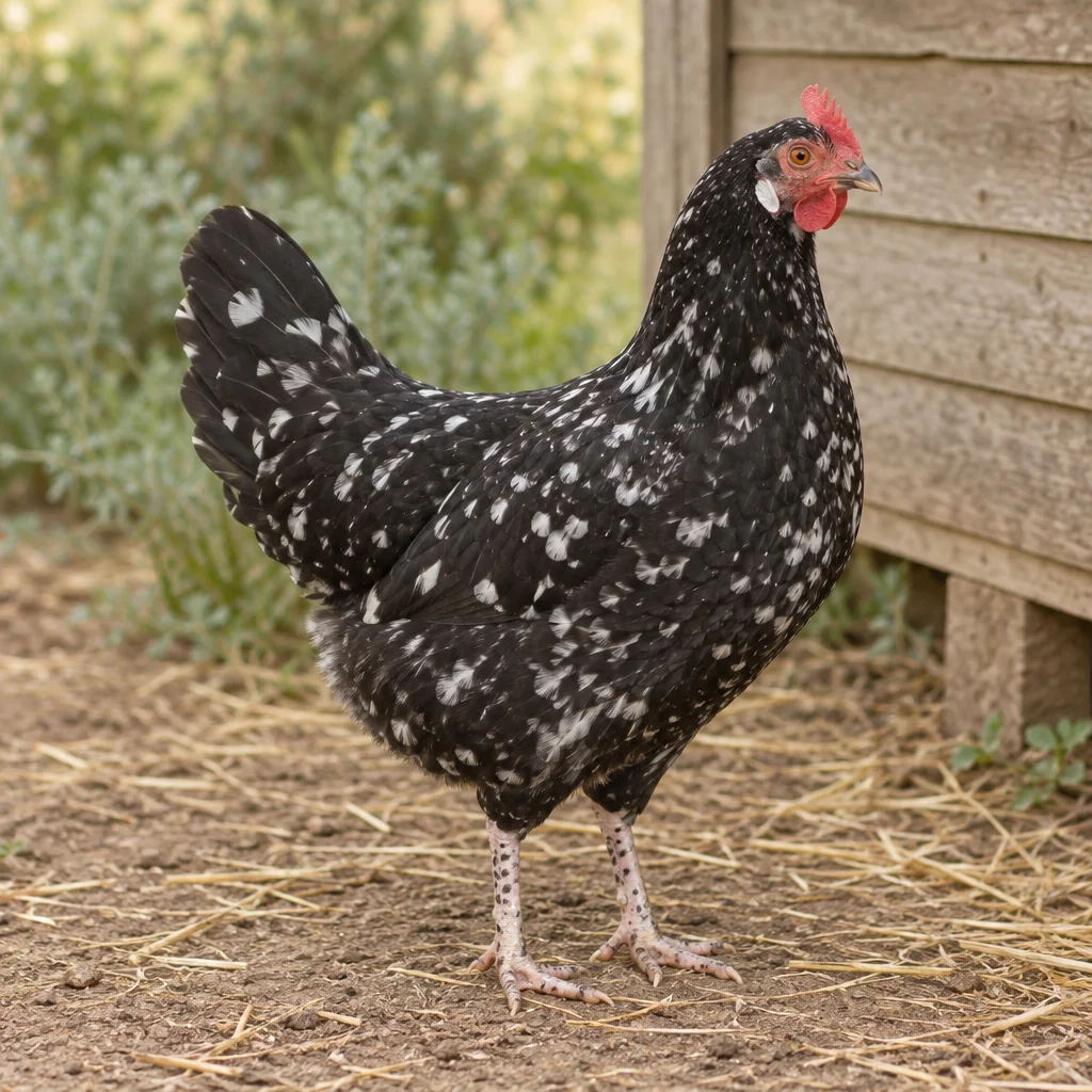 Une poule noire mouchetée de blanc, avec une crête rouge et un oreillon blanc, se tient dans une cour couverte de paille, à côté d’un poulailler en bois.