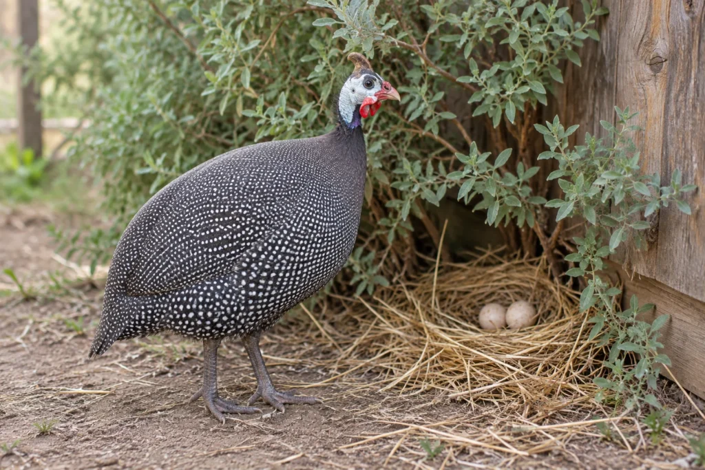 Pintade au plumage tacheté de blanc à côté de deux œufs dans un nid de paille abrité.
