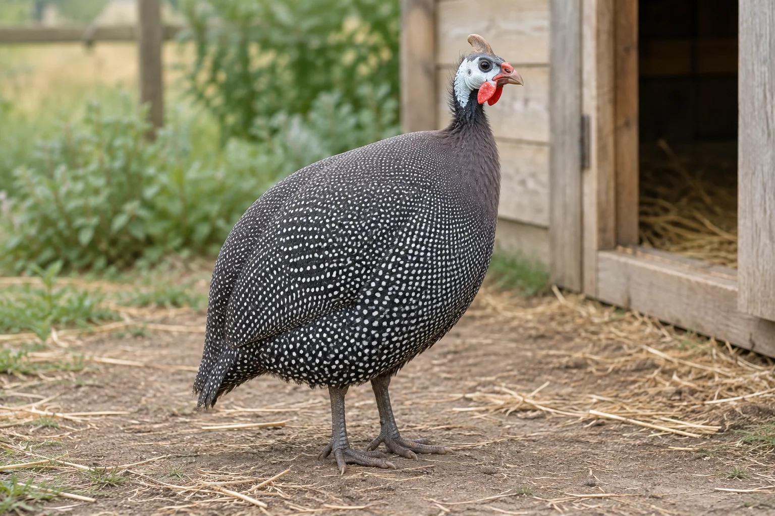 Une pintade au plumage foncé tacheté de blanc se tient sur un terrain à côté d’un abri en bois.