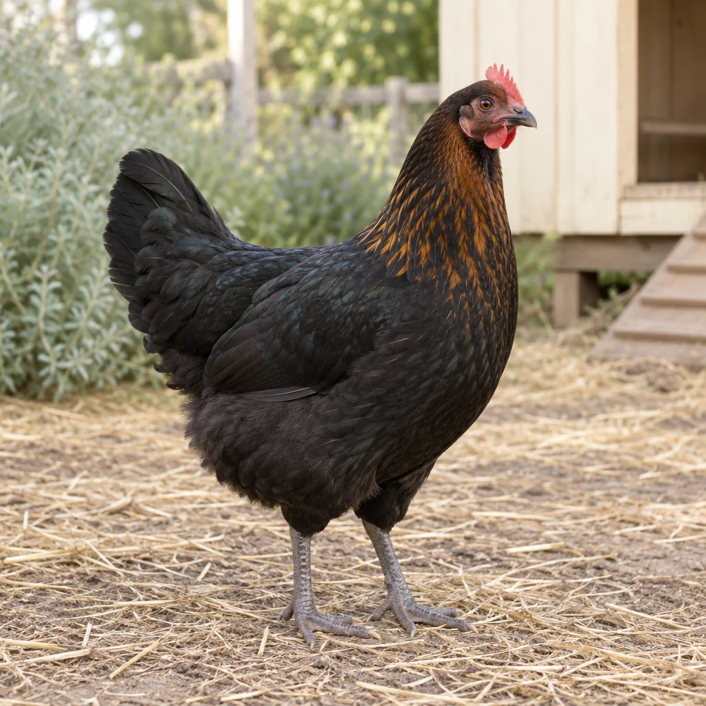 Illustration d’une poule noire aux plumes brun cuivré sur le cou et à la crête rouge, près d’un poulailler.