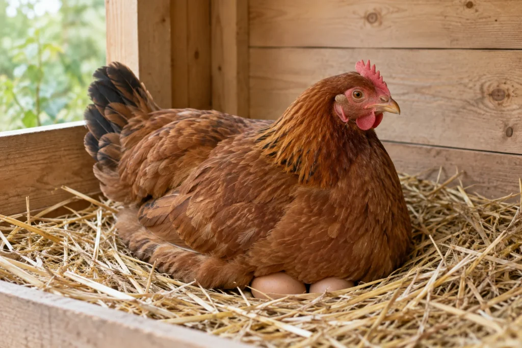 Une poule brune est installée dans un nid de paille, dans un abri en bois, avec deux œufs visibles sous sa poitrine.