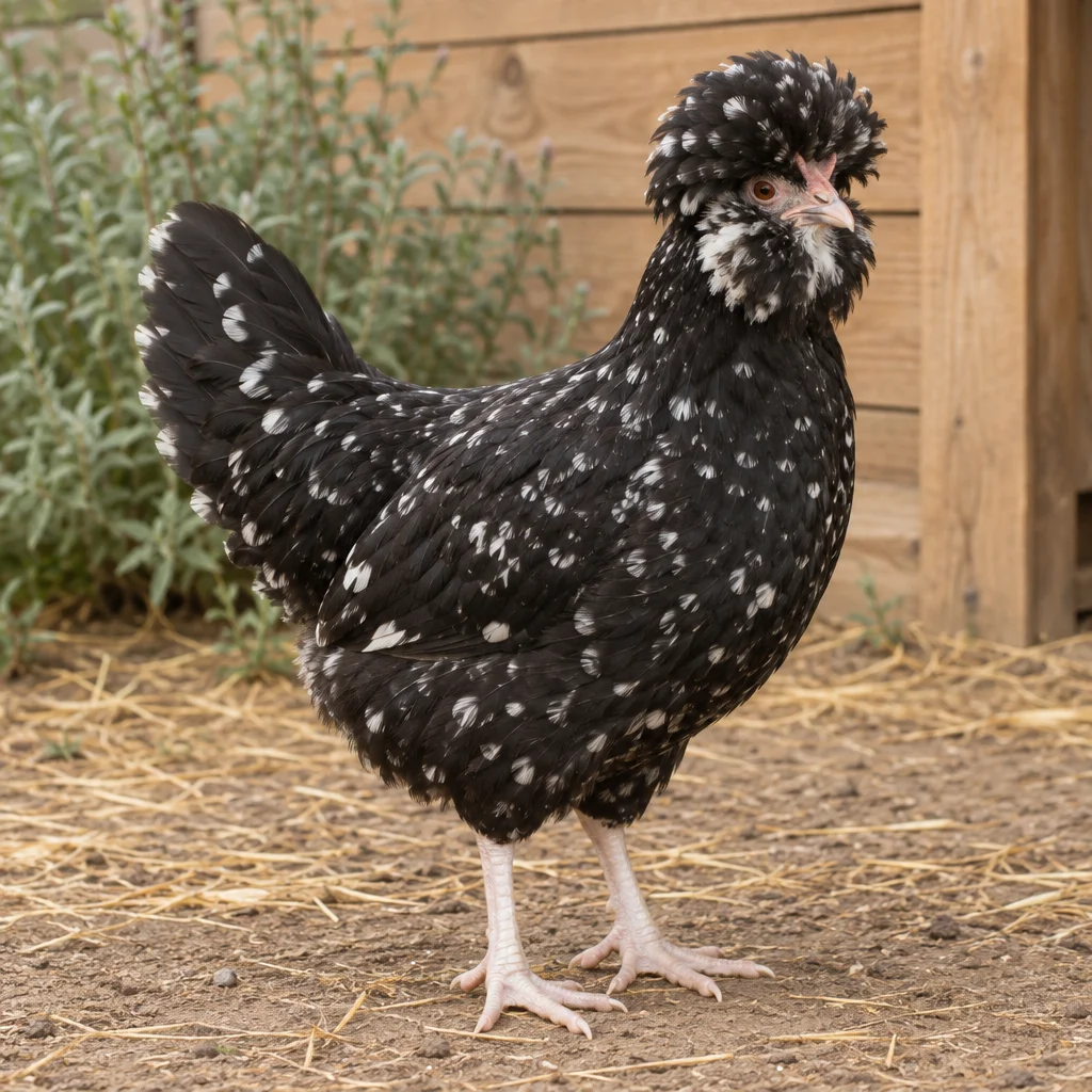 Illustration d’une poule Houdan avec une huppe, une barbe et des plumes noires tachetées de blanc dans un parcours.