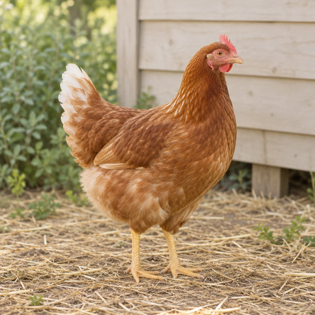 Poule brun roux avec une crête rouge, des plumes claires sur la queue et des pattes jaunes, entièrement visible sur de la paille près d’un poulailler en bois.