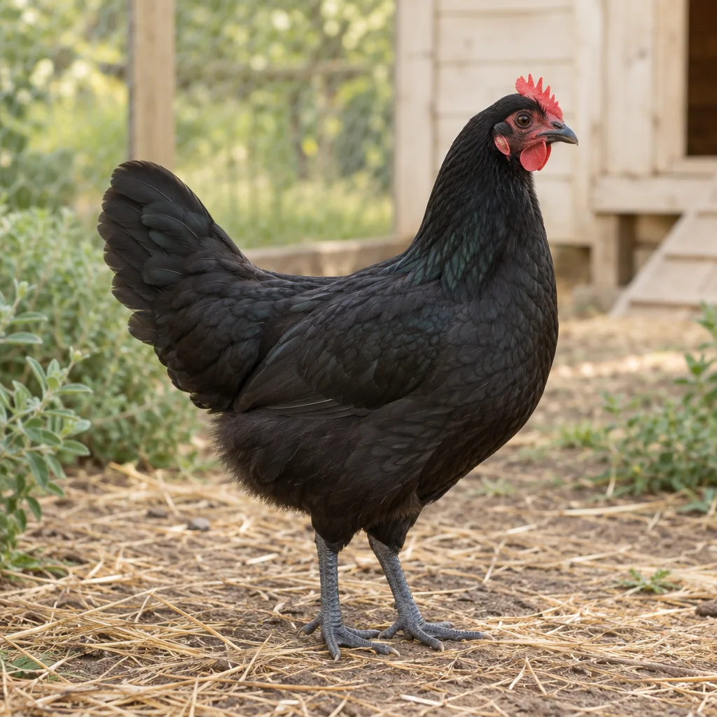 Illustration d'une poule de Janzé noire aux reflets verts, avec une crête rouge et des pattes gris bleuté, près d'un poulailler.