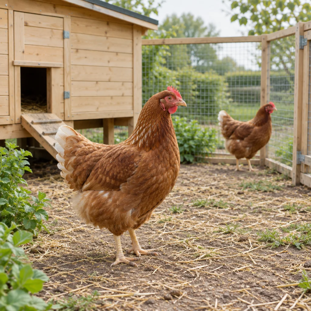 Deux poules rousses dans un enclos clôturé à côté d’un poulailler en bois.
