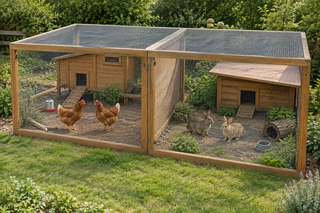 Deux poules et deux lapins dans des enclos extérieurs distincts et couverts, sur le même terrain.