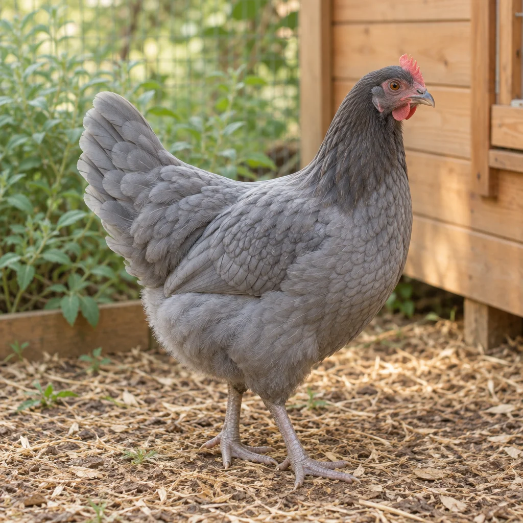 Illustration d’une poule pondeuse bleu gris aux plumes légèrement bordées d’un liseré, près d’un poulailler en bois.