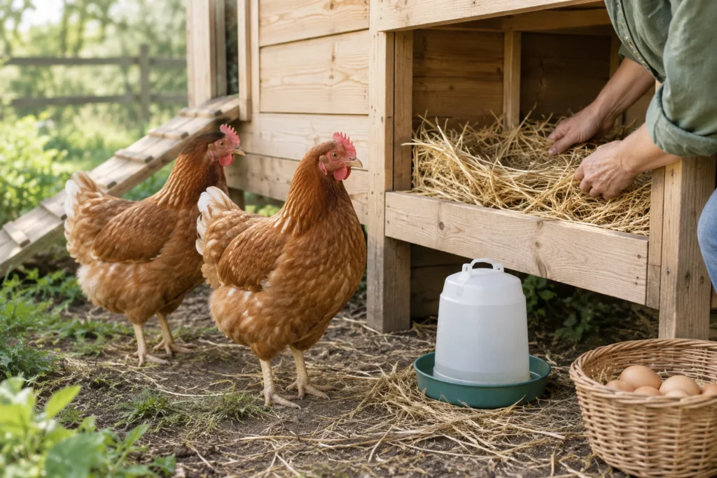 Deux poules brunes se tiennent à côté d’un poulailler en bois pendant qu’une personne dispose de la paille dans un pondoir. Au sol se trouvent un abreuvoir et un panier contenant des œufs.