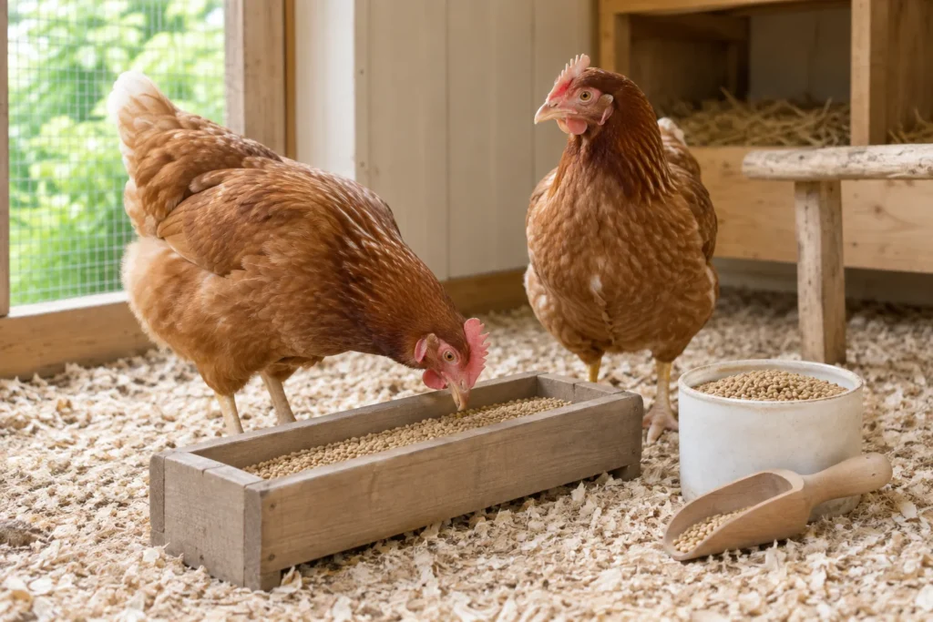 Deux poules brunes dans un poulailler en bois ; l’une picore dans une mangeoire. À côté se trouvent un récipient contenant de l’aliment et une pelle en bois.