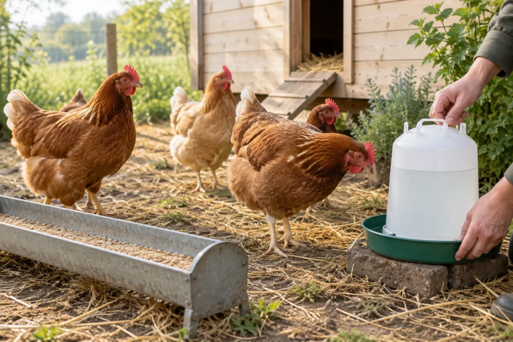 Quelques poules près d’une mangeoire et d’un abreuvoir, à côté d’un poulailler en bois. Une personne tient l’abreuvoir.