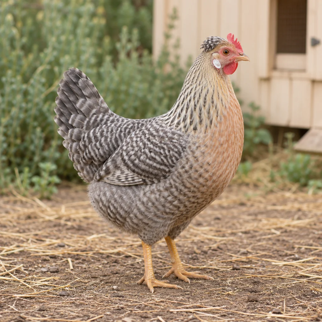 Une poule avec une petite huppe, des plumes grises rayées, une poitrine aux tons chauds et des pattes jaunes se tient sur de la terre couverte de paille devant un poulailler en bois clair.