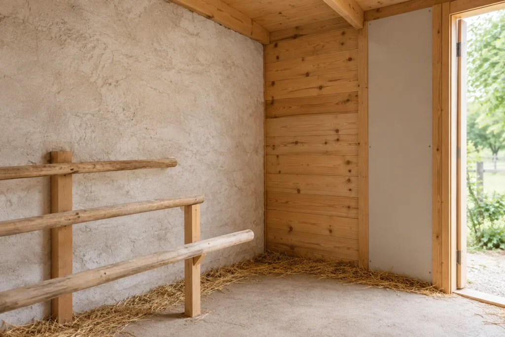 Intérieur d’un poulailler vide avec une paroi claire, des parois en bois et des perchoirs.