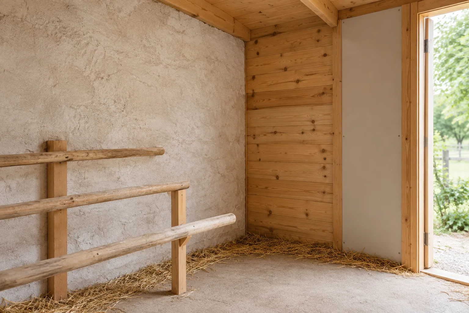 Intérieur d’un poulailler vide avec une paroi claire, des parois en bois et des perchoirs.