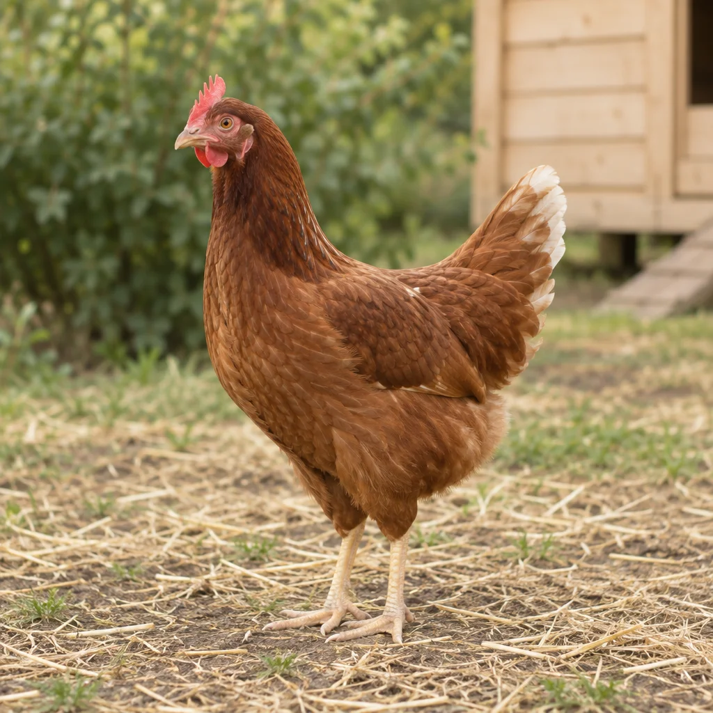Poule brune à crête rouge, aux pointes de queue claires et aux pattes pâles, debout sur de la paille devant un poulailler en bois.
